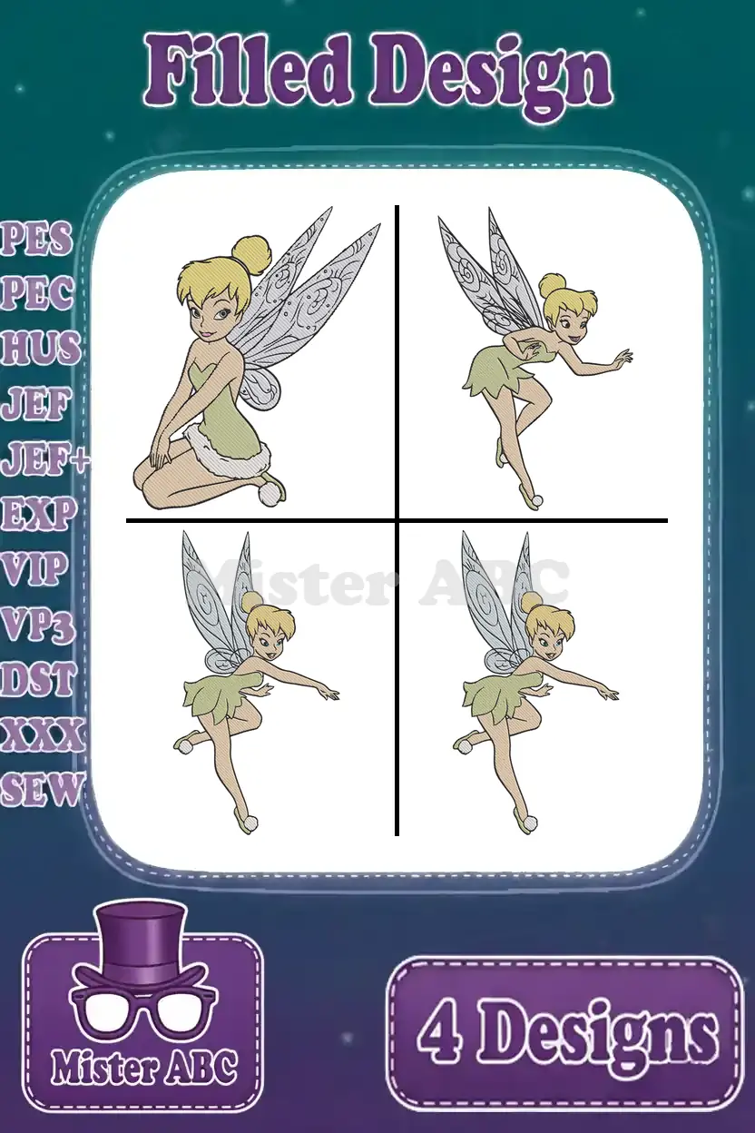 Four vibrant Tinkerbell filled embroidery designs in various poses, showcasing multiple file formats available for download.