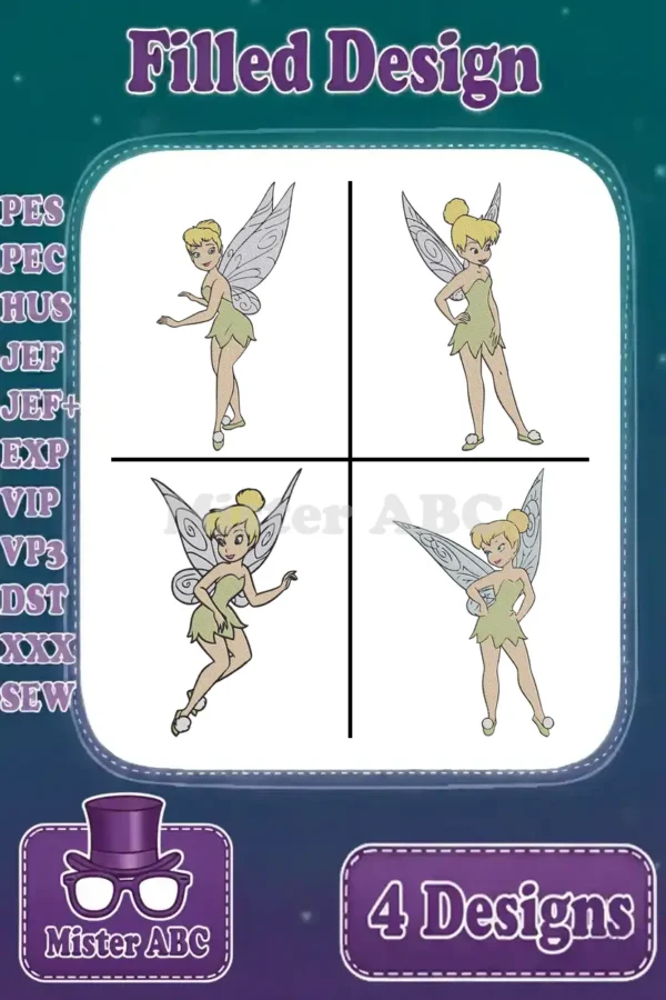 A vibrant display of four distinct Tinkerbell machine embroidery designs, showcasing different poses of the beloved fairy.