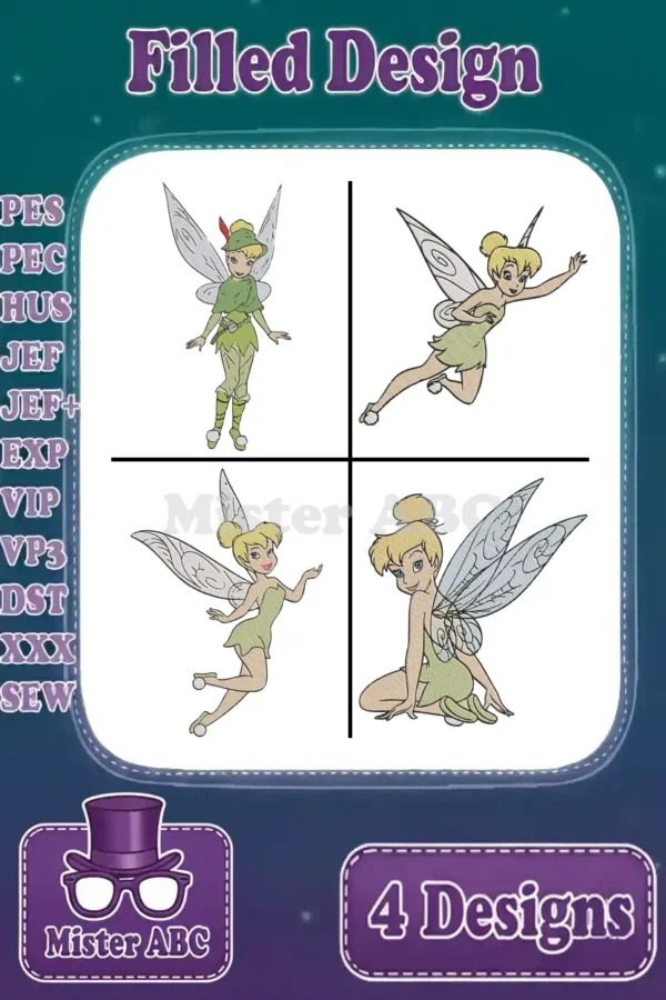 A vibrant collage of four filled embroidery designs: Peter Pan and three dynamic poses of Tinker Bell, ready for stitching.