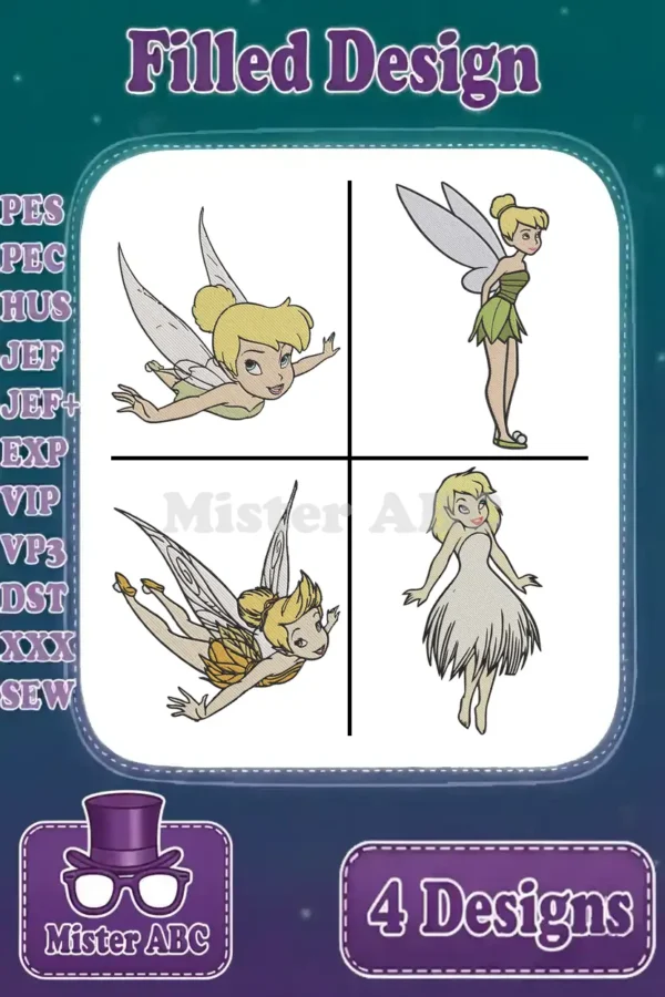 Four enchanting Tinker Bell embroidery designs in dynamic poses, showcasing filled stitch detail for multiple machine formats.