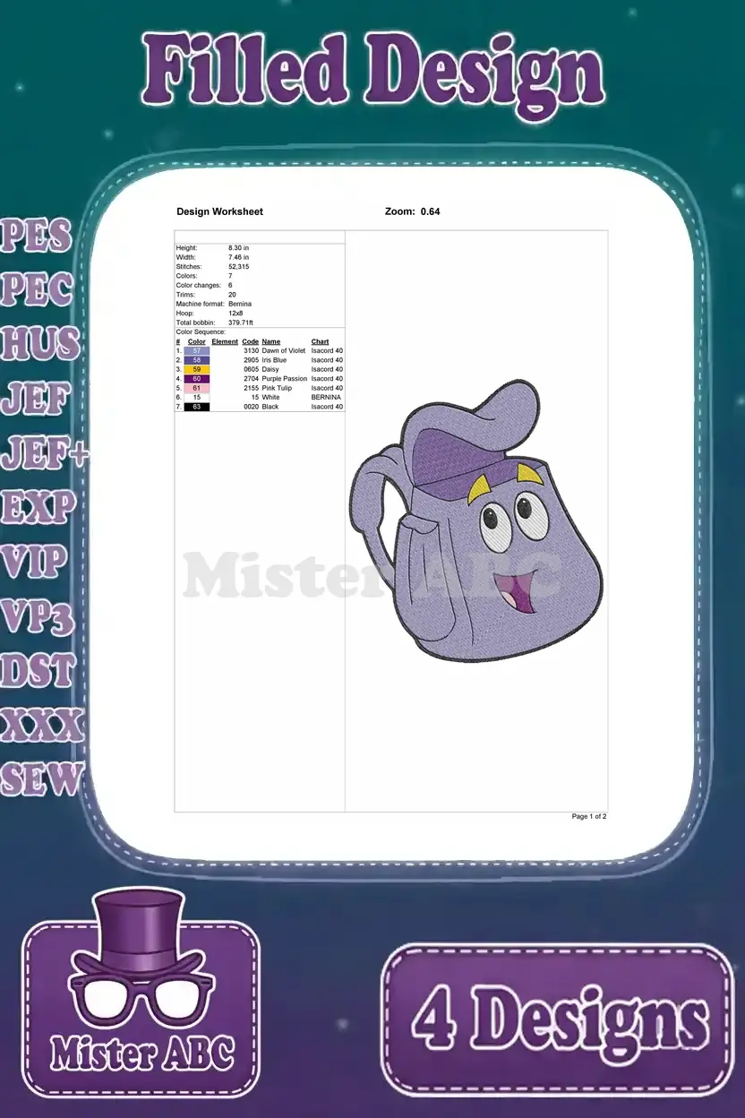 Detailed design worksheet for the first Backpack embroidery design, showing dimensions, stitch count, and color sequence.