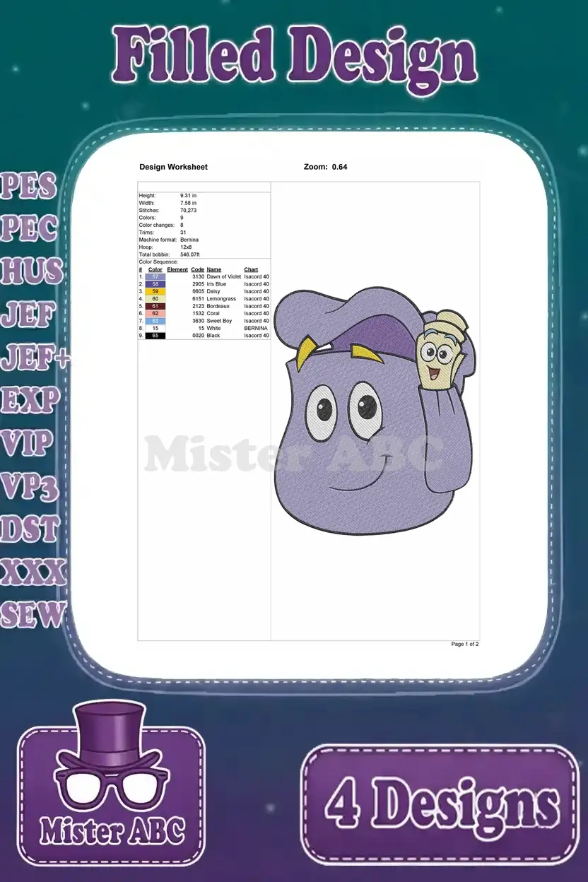 Detailed design worksheet for the second Backpack embroidery design, showing dimensions, stitch count, and color sequence.