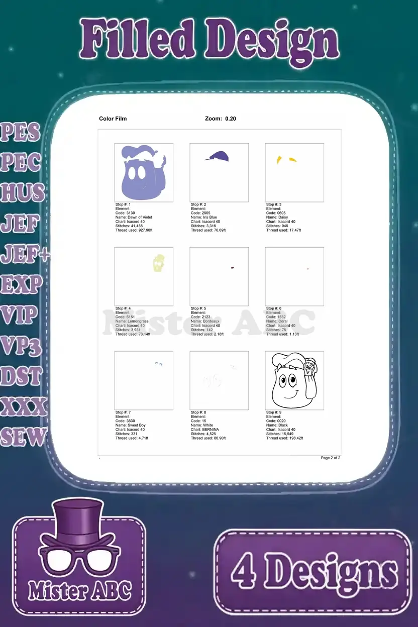 Color film breakdown for the second Backpack embroidery design, illustrating stitch stops and thread usage per color.
