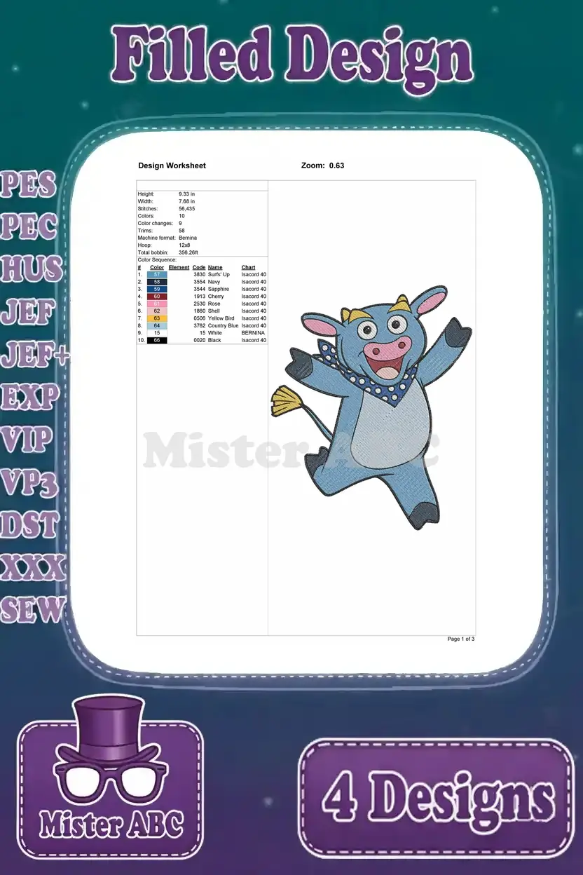 Detailed design worksheet for the Benny the Bull embroidery design, showing dimensions, stitch count, and color sequence.