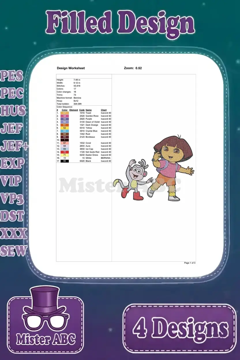 Detailed embroidery worksheet for the first Dora the Explorer and Boots design, outlining stitch count, dimensions, and color sequence.