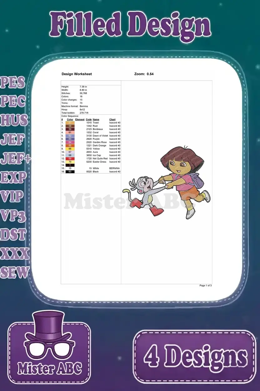 Detailed embroidery worksheet for the second Dora the Explorer and Boots design, outlining stitch count, dimensions, and color sequence.