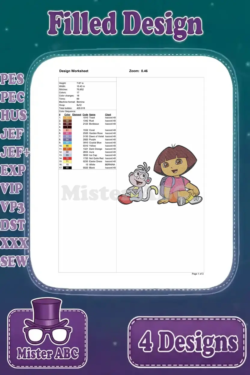 Detailed embroidery worksheet for the third Dora the Explorer and Boots design, outlining stitch count, dimensions, and color sequence.