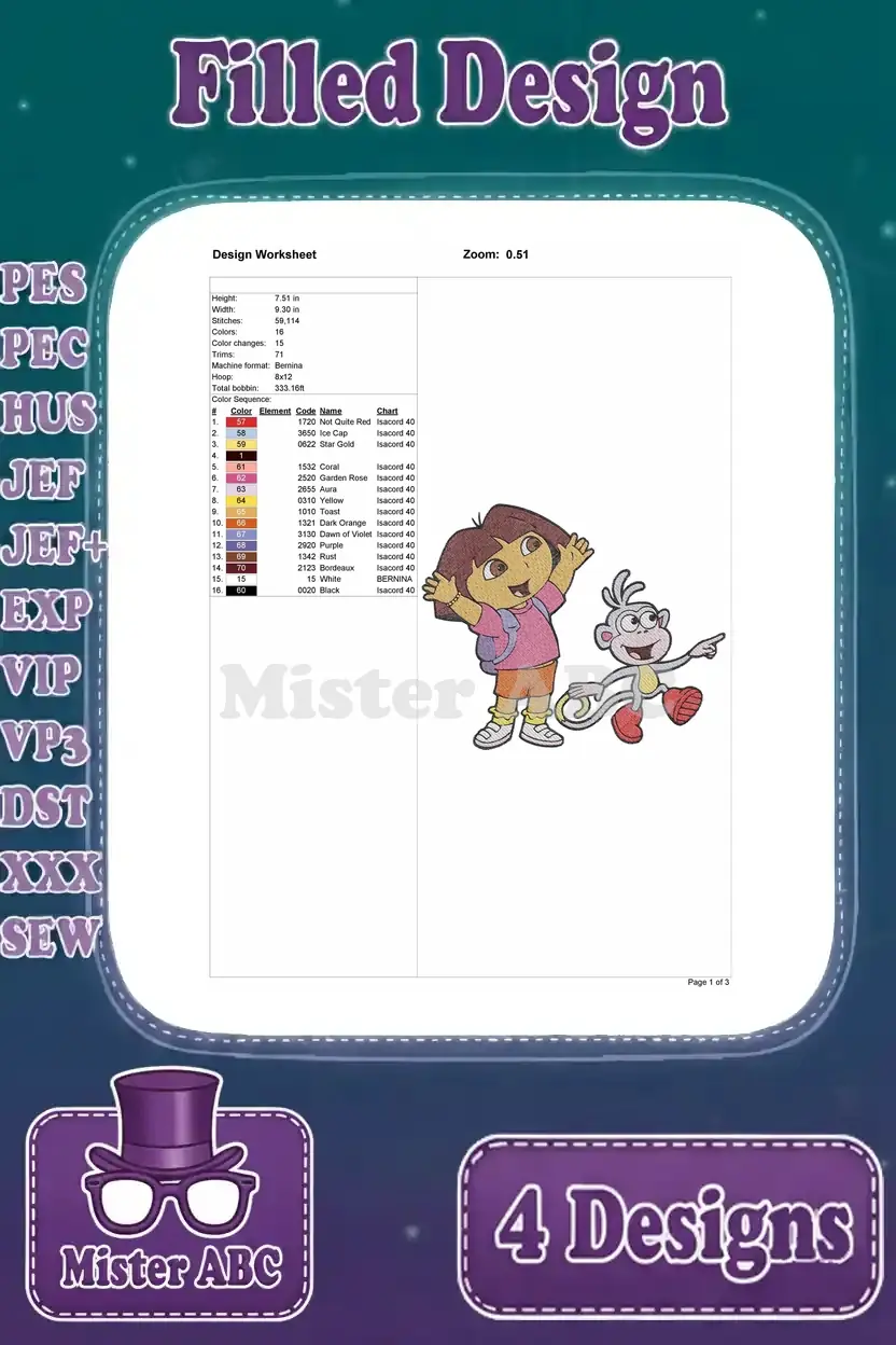 Detailed embroidery worksheet for the fourth Dora the Explorer and Boots design, outlining stitch count, dimensions, and color sequence.