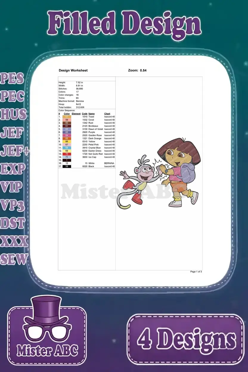 A detailed design worksheet for the Dora and Boots high-fiving embroidery, showing stitch count and color sequence.