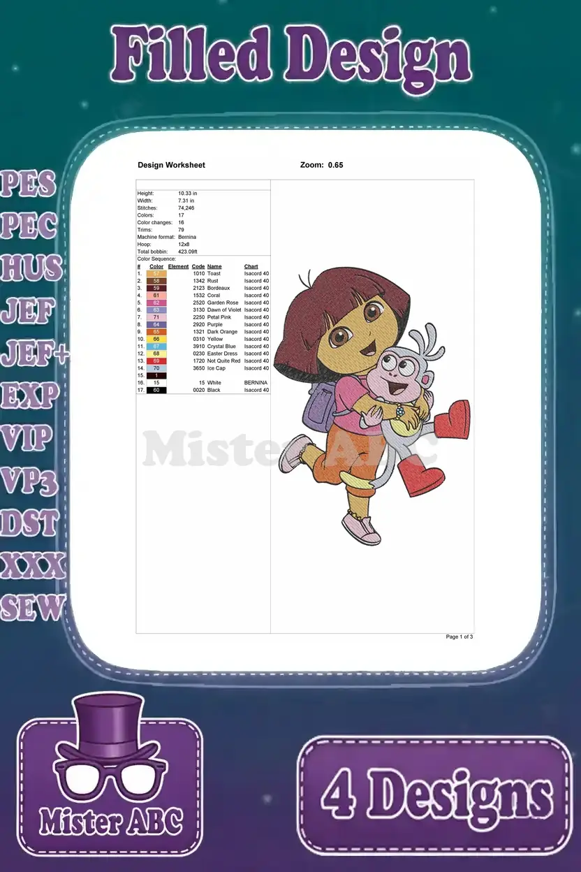 Design worksheet for the adorable Dora carrying Boots embroidery, detailing stitch count and color information.