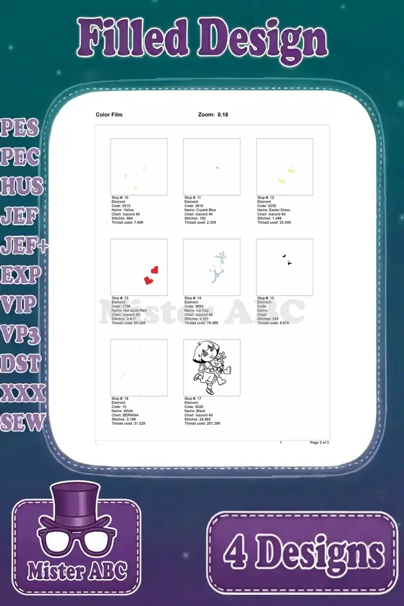 Final page of the color film for Dora carrying Boots, detailing remaining stitch stops and design outline.