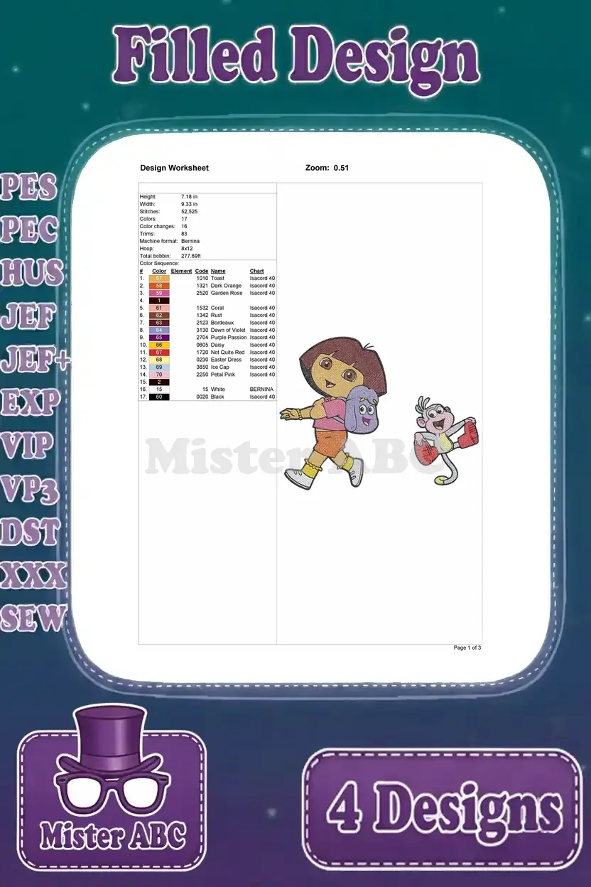 Design worksheet for the Dora walking with Boots embroidery, showing dimensions, stitch count, and color guide.