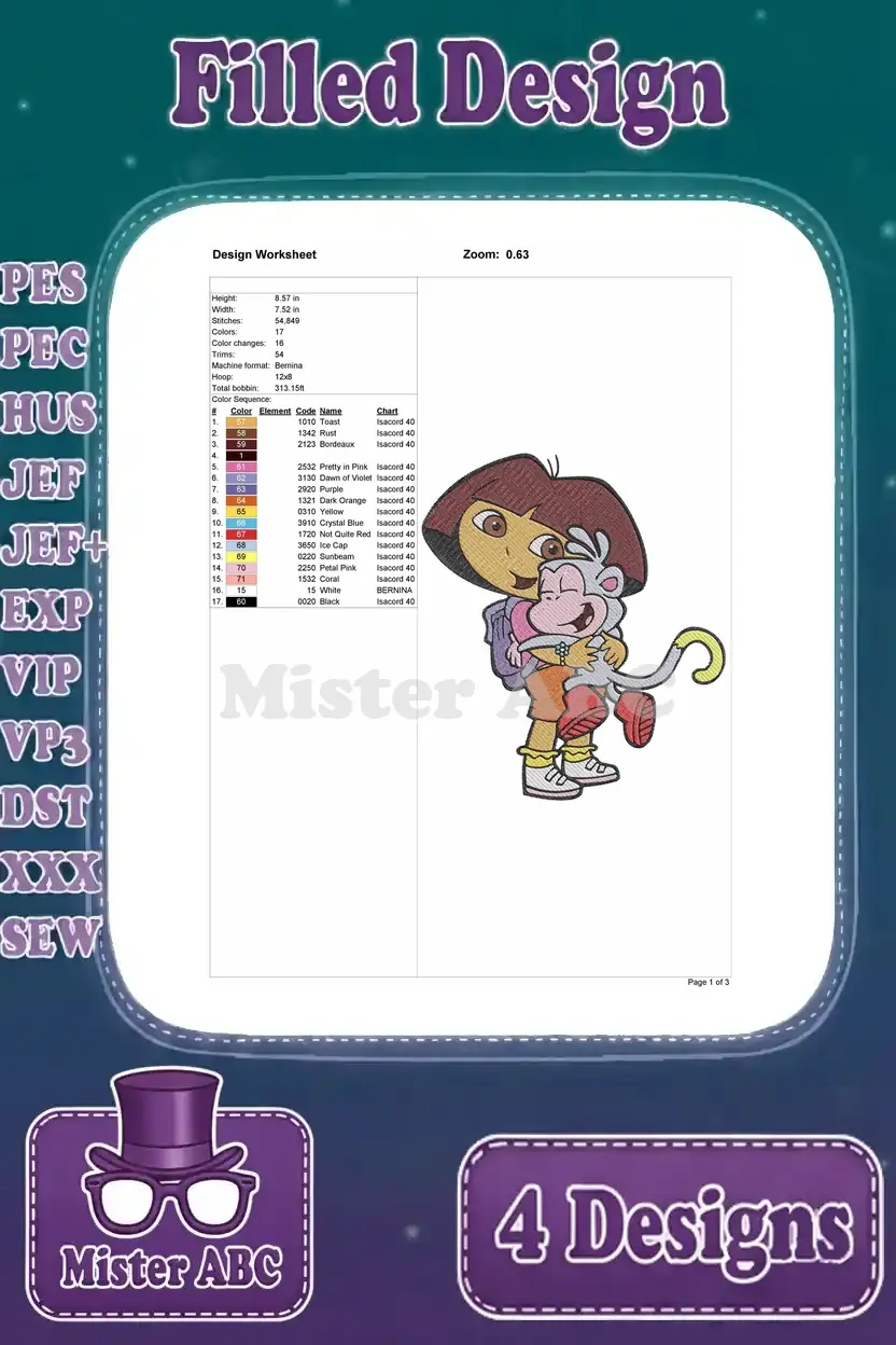Design worksheet for the heartwarming Dora hugging Boots embroidery, with all technical stitching details.