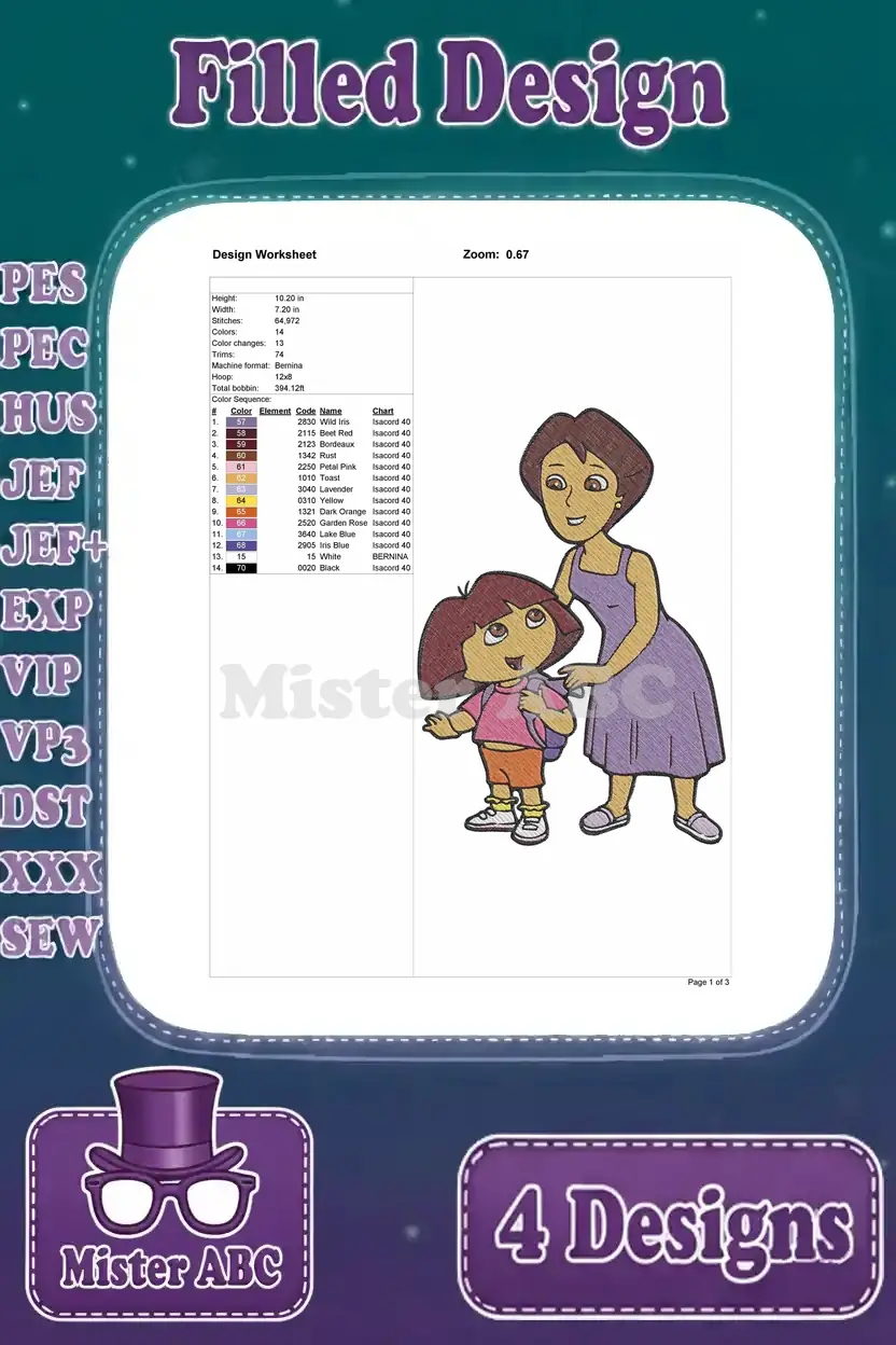 Detailed design worksheet for the Dora and her mom embroidery, showing dimensions, stitch count, and color sequence.