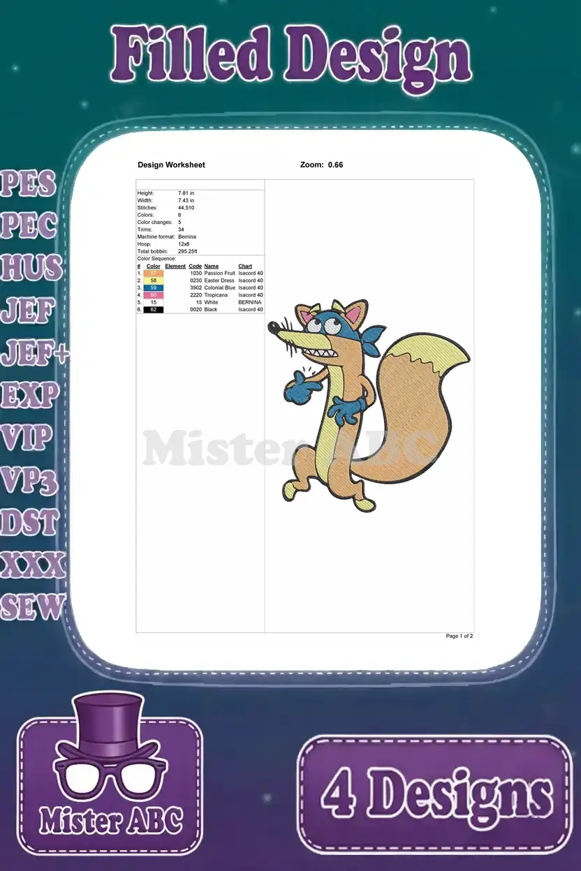 Detailed design worksheet for the Swiper the fox embroidery, showing dimensions, stitch count, and color sequence.