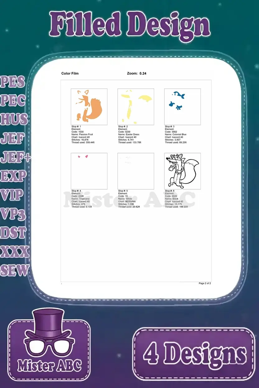 Color film chart for Swiper the fox embroidery, outlining all stitching steps and thread colors, including the final outline.