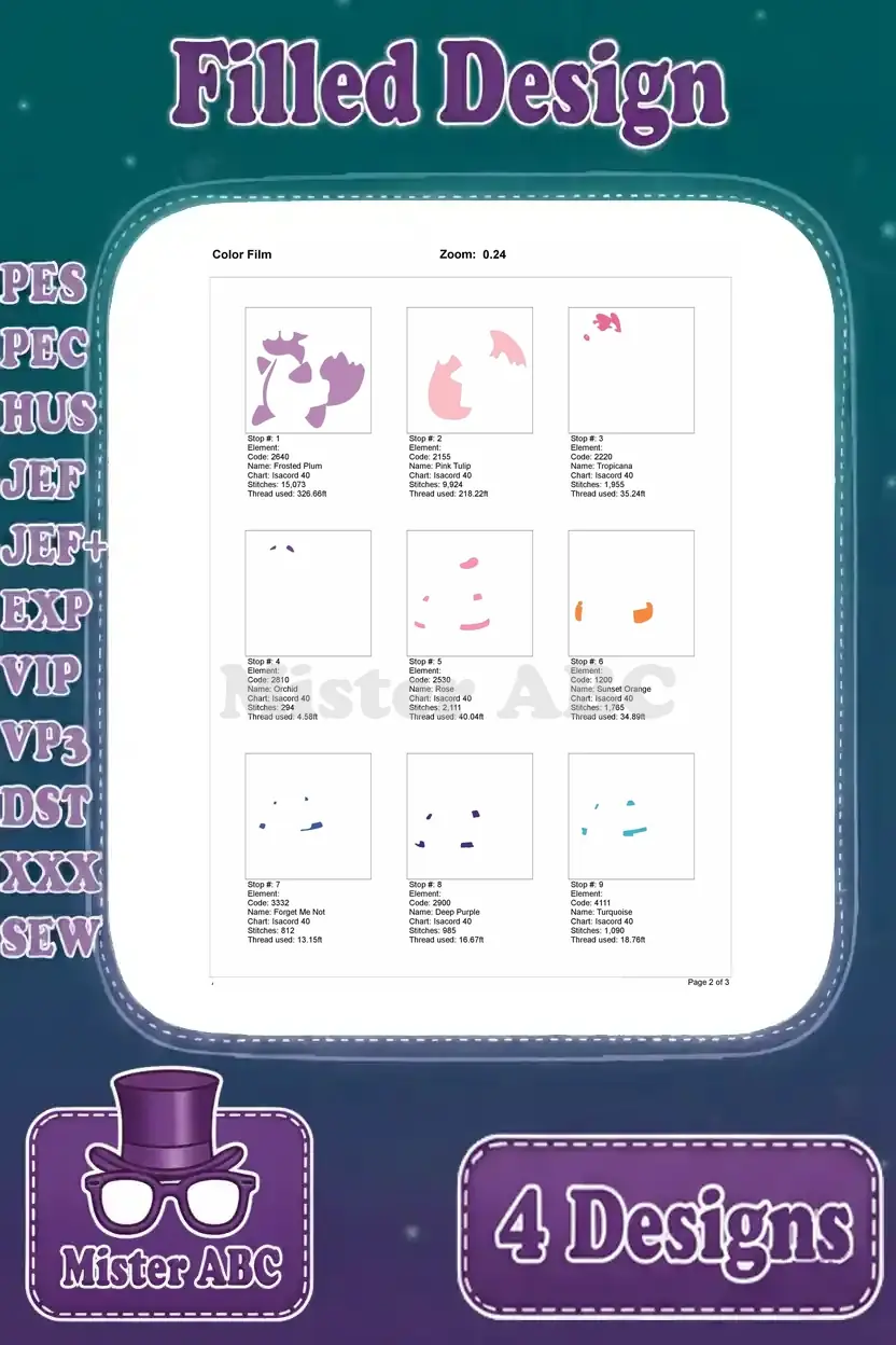 First page of the color film chart for standing Boots embroidery, outlining the initial stitching steps and thread colors.
