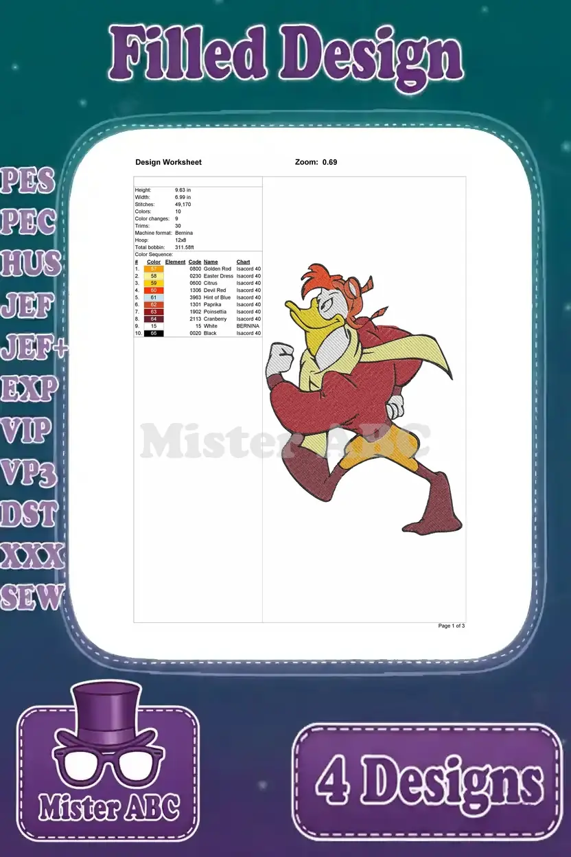 Detailed design worksheet for the adventurous duck embroidery, showing dimensions, stitch count, and color sequence.