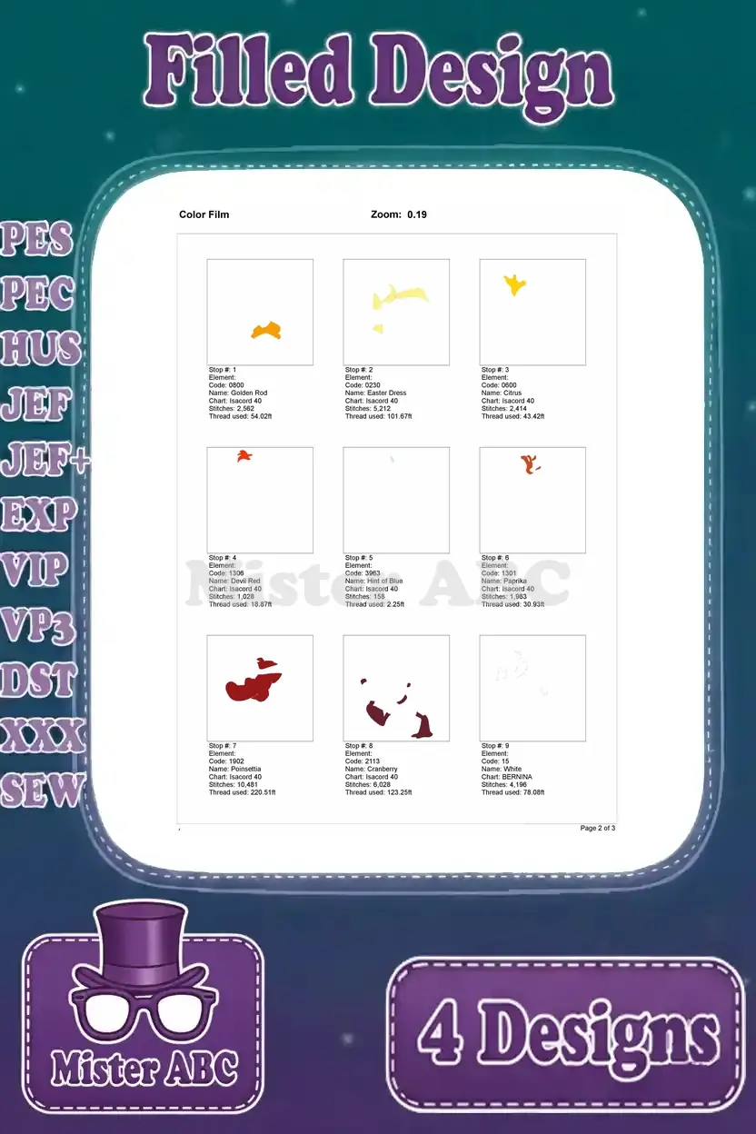 First page of the color film for the adventurous duck embroidery, illustrating individual color stops and thread changes.