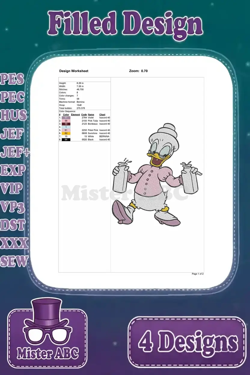 Design worksheet for the charming Grandma Duck embroidery, detailing dimensions, stitch count, and colors.