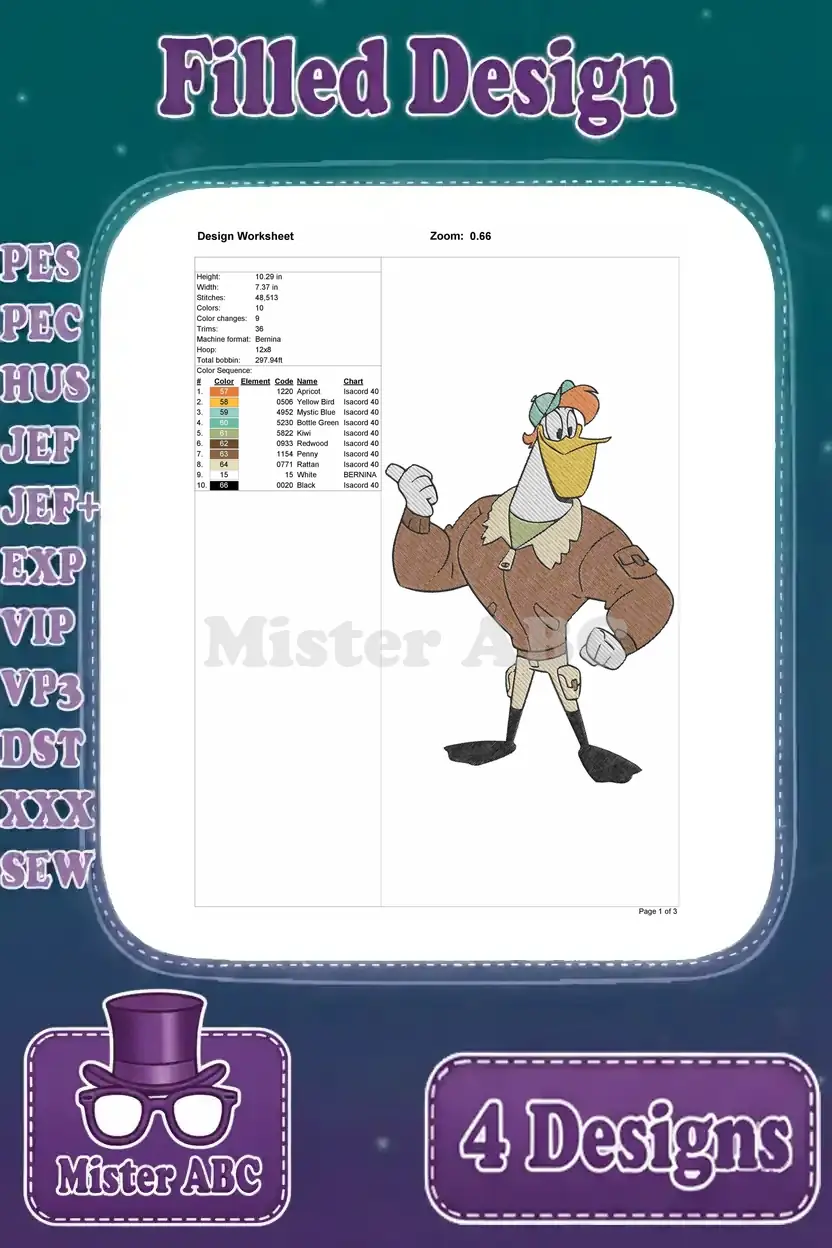 Design worksheet for the heroic Launchpad McQuack embroidery, showing dimensions, stitch count, and color chart.