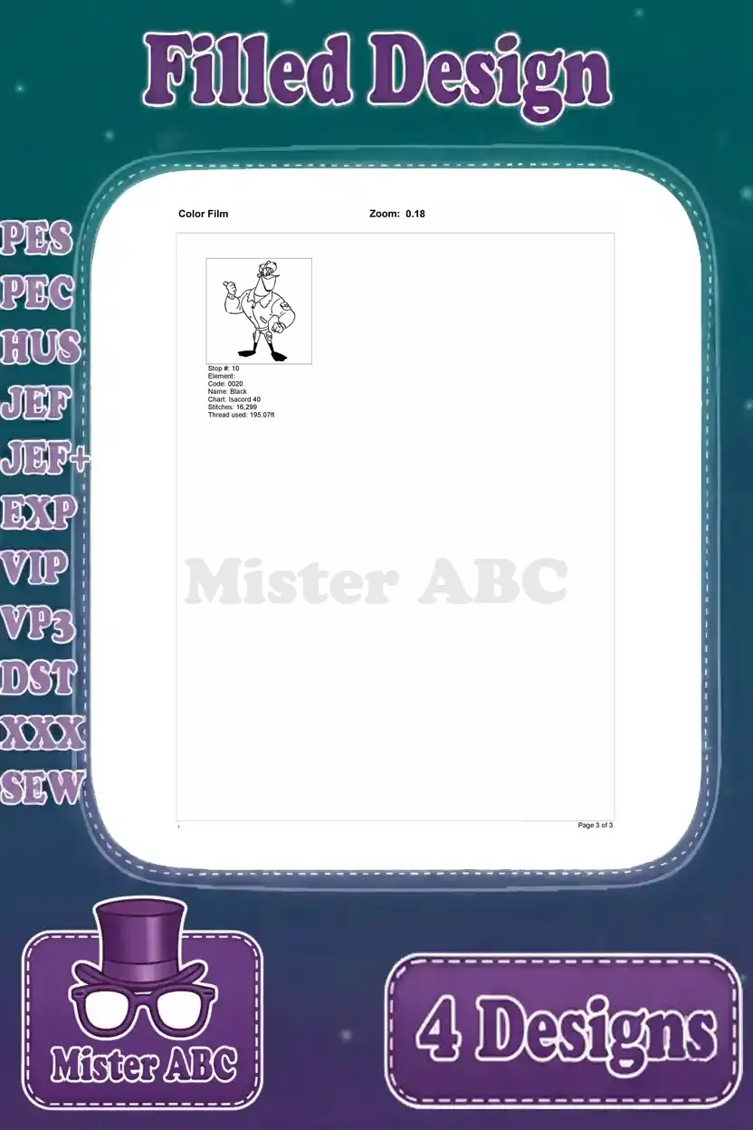 Second page of the color film for Launchpad McQuack embroidery, showing the final thread colors and sequence.