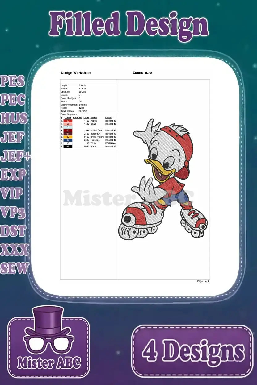 A detailed design worksheet for the Huey Duck on roller skates embroidery, showing stitch count, colors, and dimensions.