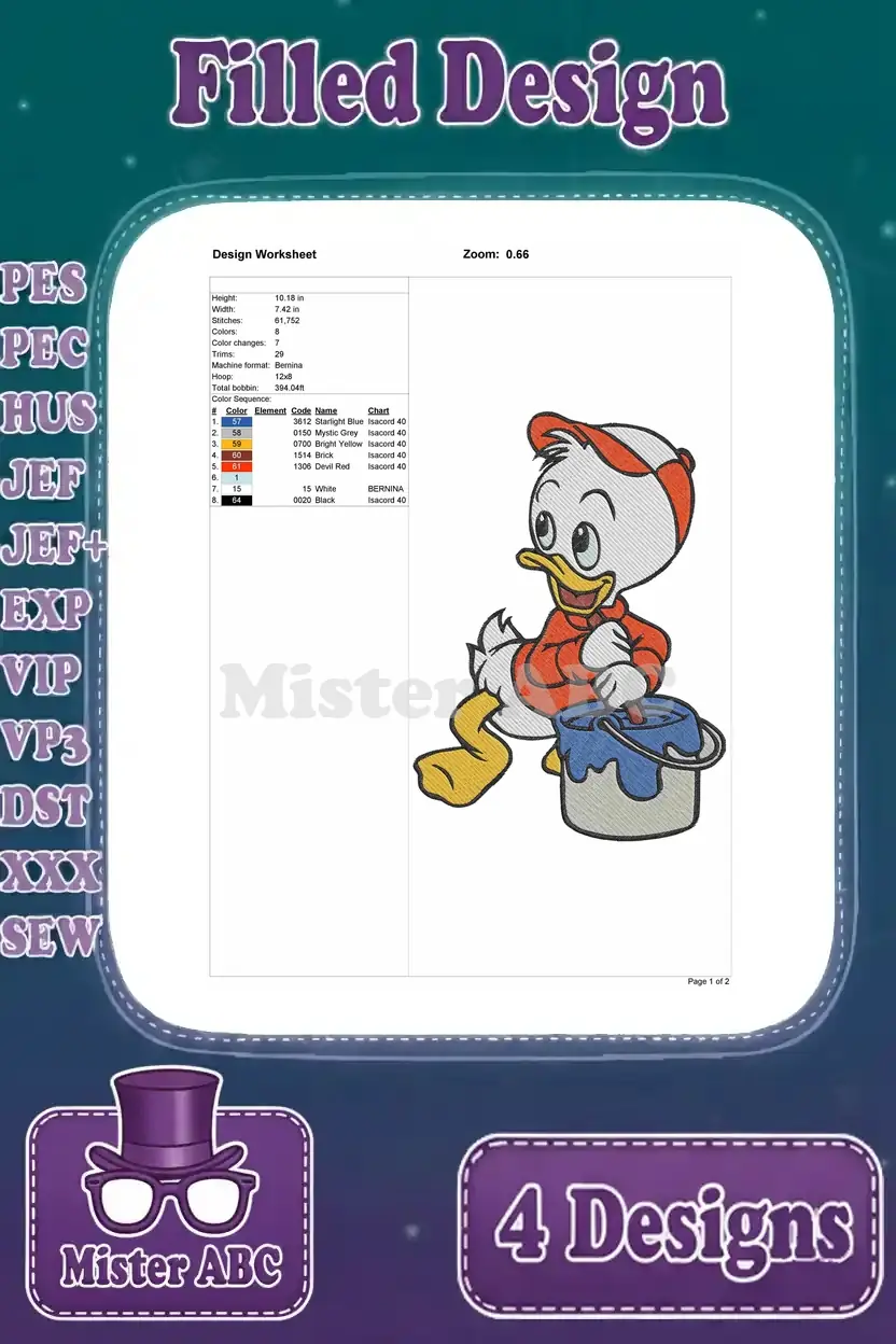 Design worksheet for the Huey Duck painting design, with full stitch count, color changes, and dimensions.