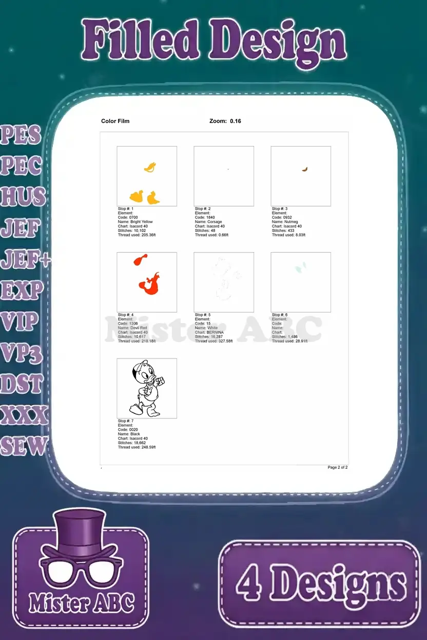 Color film breakdown for the first Huey Duck design, illustrating the order and layers of each thread color.