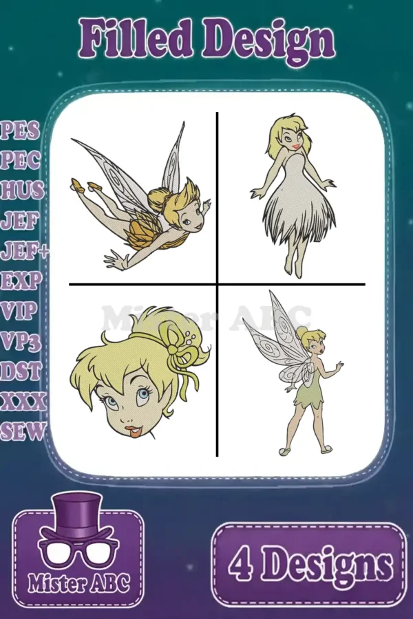 Four delightful Tinker Bell filled embroidery designs in various poses, ready for machine embroidery projects in multiple formats.