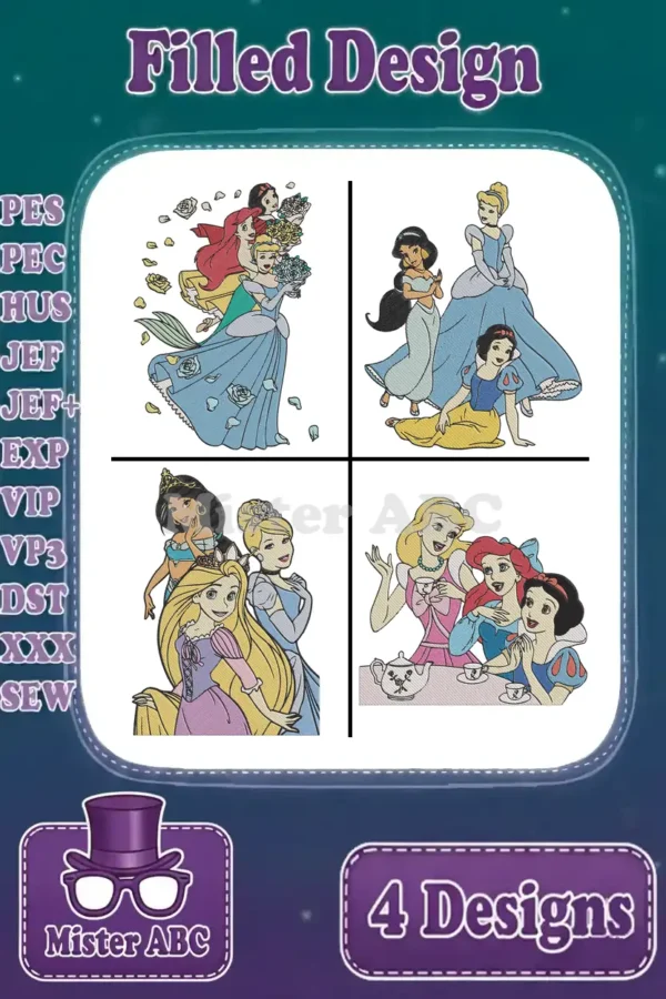 Four charming filled embroidery designs featuring beloved princesses in different group settings, showcasing stitch quality.