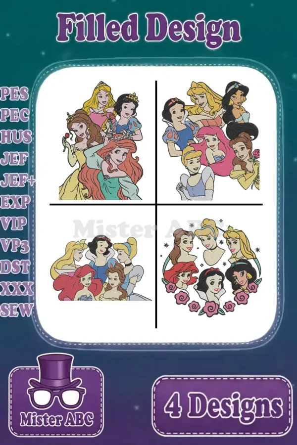 A vibrant embroidery bundle featuring four distinct filled designs of beloved Disney Princesses, ready for various projects.