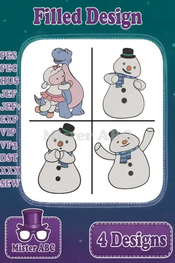 A vibrant display of four filled embroidery designs: Lambie and Hallie embracing, alongside three cheerful snowmen figures.