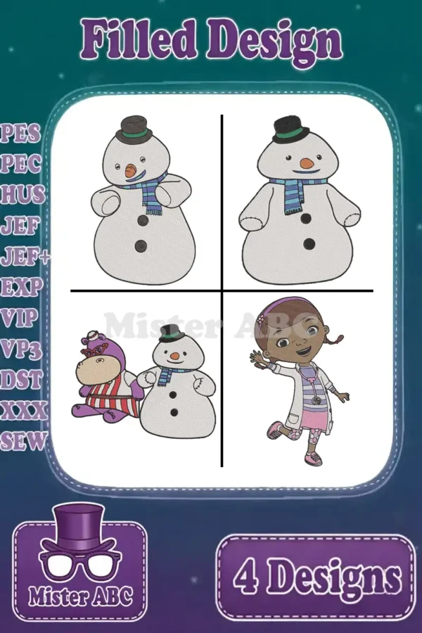 A bundle of four filled embroidery designs: two cheerful snowmen, a snowman with a striped hippo, and Doc McStuffins.