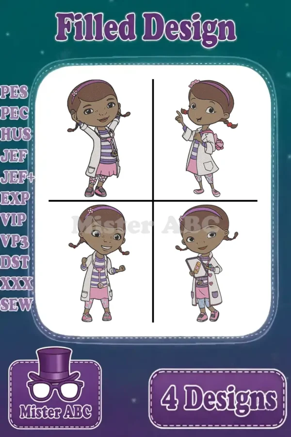 Four vibrant Doc McStuffins filled embroidery designs, perfect for children's apparel and accessories, showcasing multiple poses.