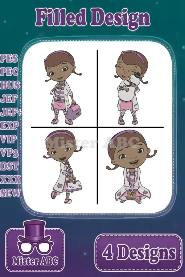 Four vibrant Doc McStuffins filled embroidery designs, featuring different poses and expressions, ready for stitching.