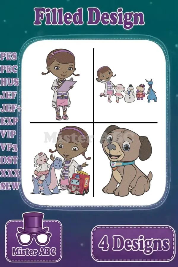 A vibrant collection of four Doc McStuffins filled embroidery designs, featuring Doc, Lambie, Stuffy, and friends. Ideal for various projects.