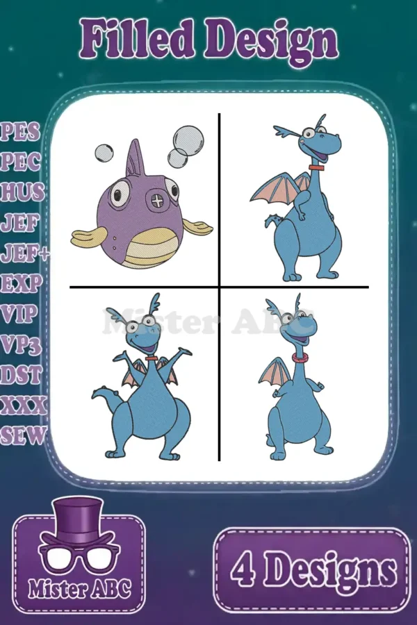 Four filled embroidery designs: a purple fish with bubbles and three blue dragons in different poses, showcasing variety.