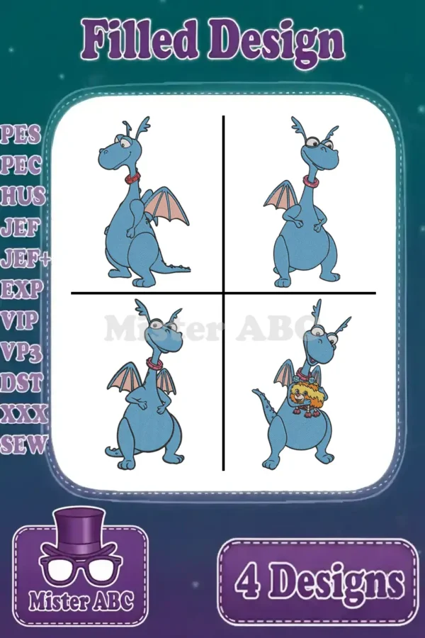 Four vibrant, filled embroidery designs showcasing a friendly blue cartoon dragon in distinct poses, ready for diverse projects.