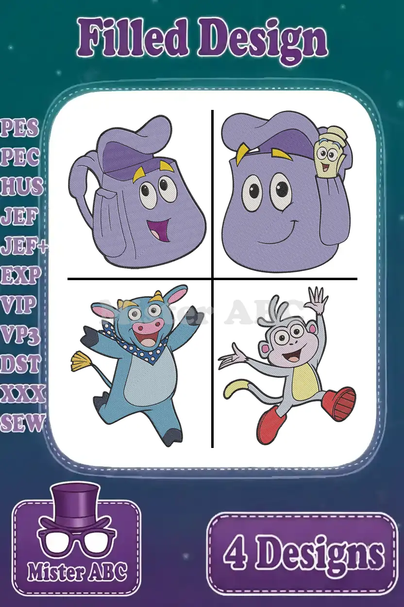 A vibrant collage of four filled embroidery designs featuring Backpack (two variations), Benny the Bull, and Boots the Monkey.