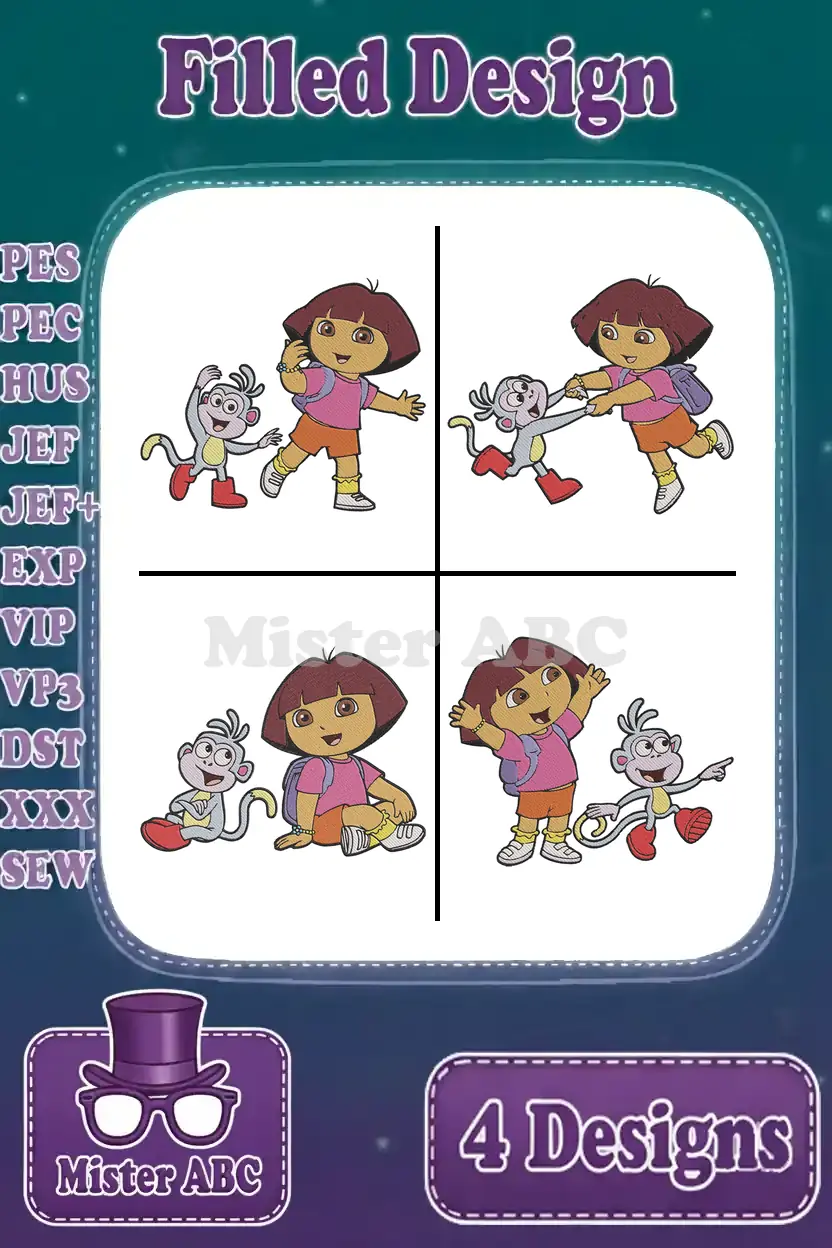 A vibrant embroidery bundle featuring four Dora the Explorer and Boots designs, showcasing various poses and expressions, ready for crafting.