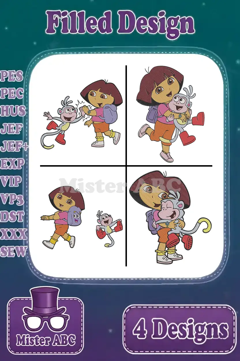 A vibrant collage of four Dora the Explorer and Boots filled embroidery designs, ready for various projects.