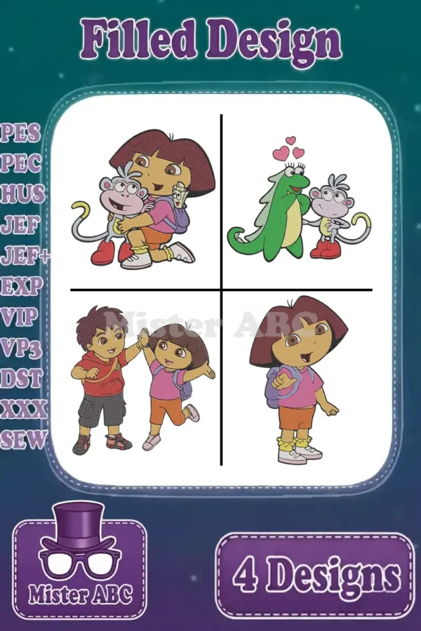 Main product image showing four vibrant filled embroidery designs featuring Dora, Boots, Diego, and a dinosaur.