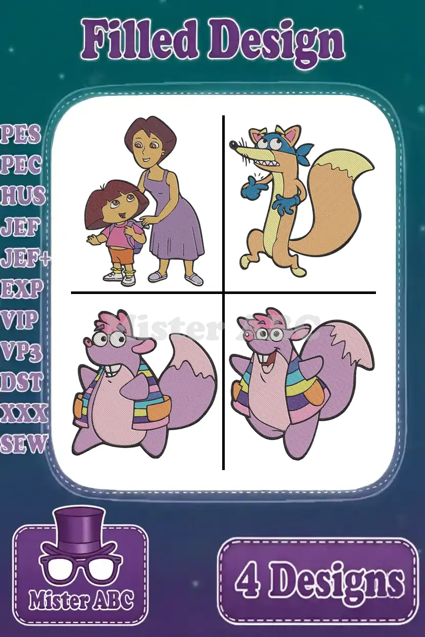 A vibrant collection of four filled embroidery designs featuring Dora and her mom, Swiper the fox, and Boots the monkey in two poses, ready for digital download.