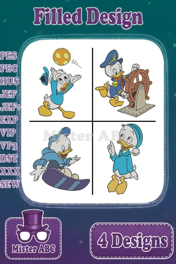 A vibrant display of four unique filled embroidery designs featuring a duckling playing soccer, a sailor duck, a snowboarding duck, and a duck in pajamas, ready for various projects.