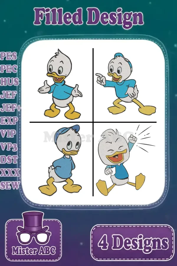 Four filled embroidery designs featuring Dewey Duck in dynamic poses, showcasing various supported file formats.