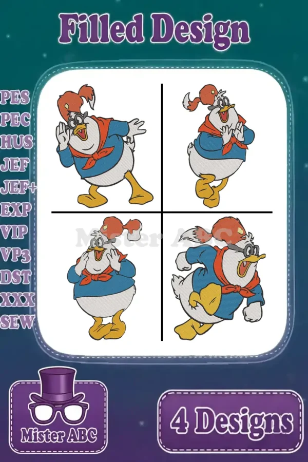 Four filled embroidery designs featuring Darkwing Duck in various action poses, perfect for fans and collectors.