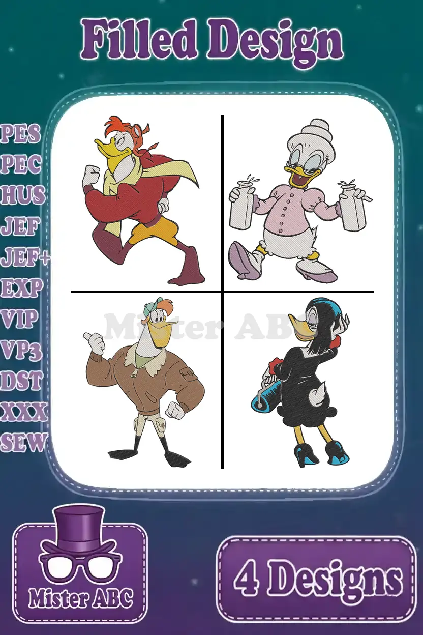 A vibrant collage showcasing four distinct filled embroidery designs of cartoon ducks with available file formats listed.