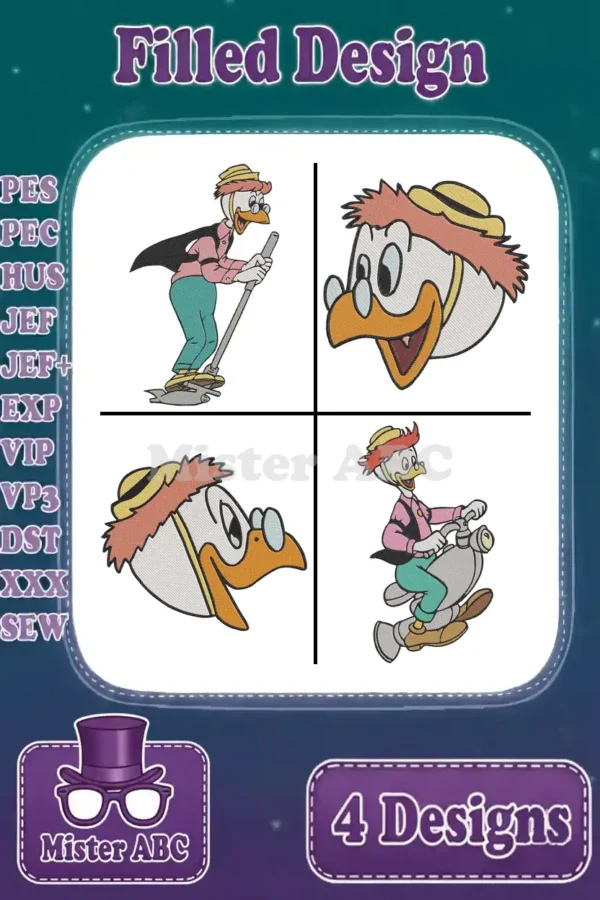 Four vibrant filled embroidery designs featuring a classic duck character in dynamic poses, perfect for various projects.