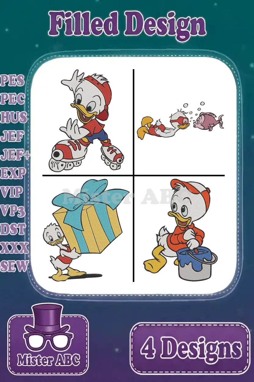 A vibrant main product image displaying four distinct Huey Duck embroidery designs, including roller skating and gift-carrying scenes.
